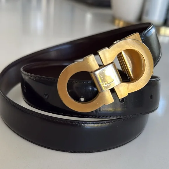 Salvatore Ferragamo Gold Dark Brown Leather Gancini Belt size 40”